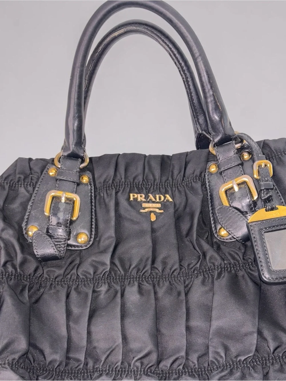Prada Black Gathered Nylon Tote with Gold Hardware and Matching Wallet
